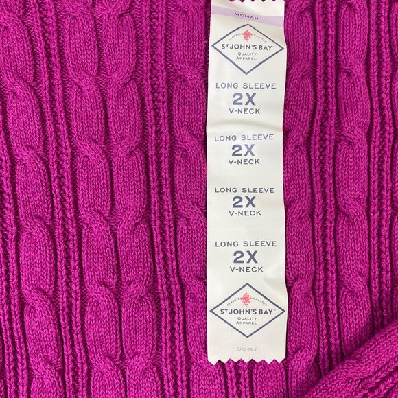 St. Johns Bay Womens Fuchsia Knit V-Neck 88% Cotton Long Sleeve Sweater Size 2X - Picture 4 of 5